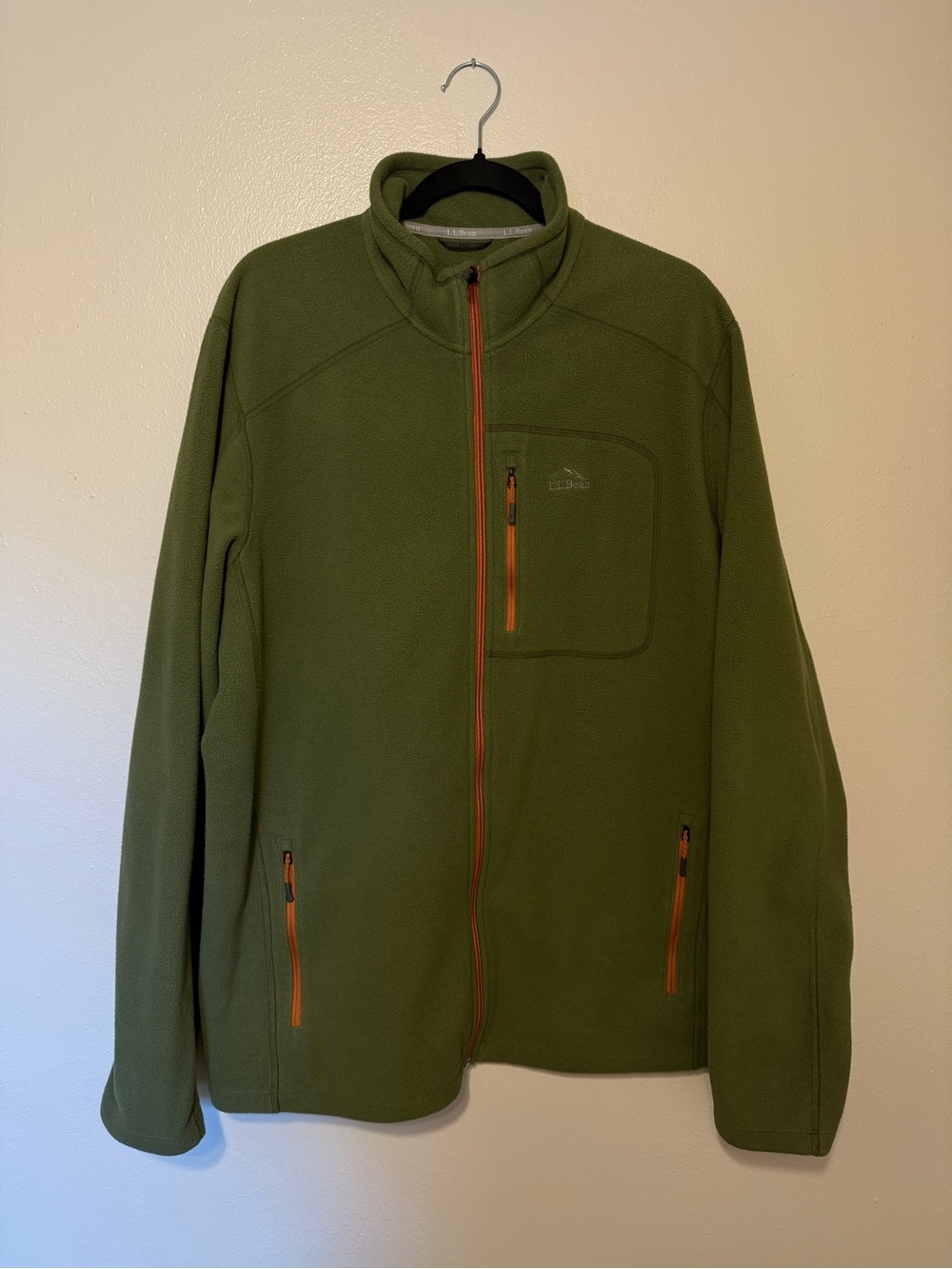 L.L. Bean Olive Green Men's Full-Zip Fleece with Orange Zipper Accents